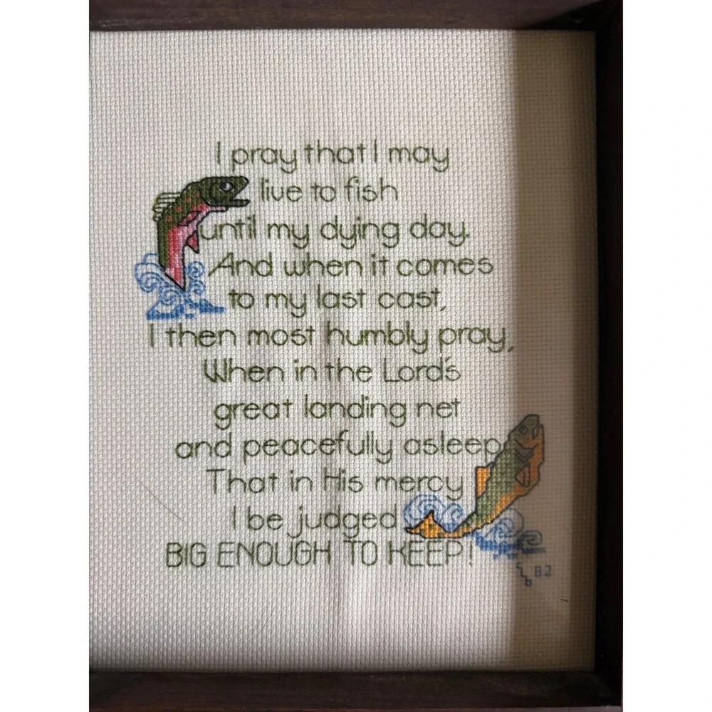 Vintage 1982 Fisherman's Prayer Cross Stitch Framed Art Trout Fishing Decor 8x10